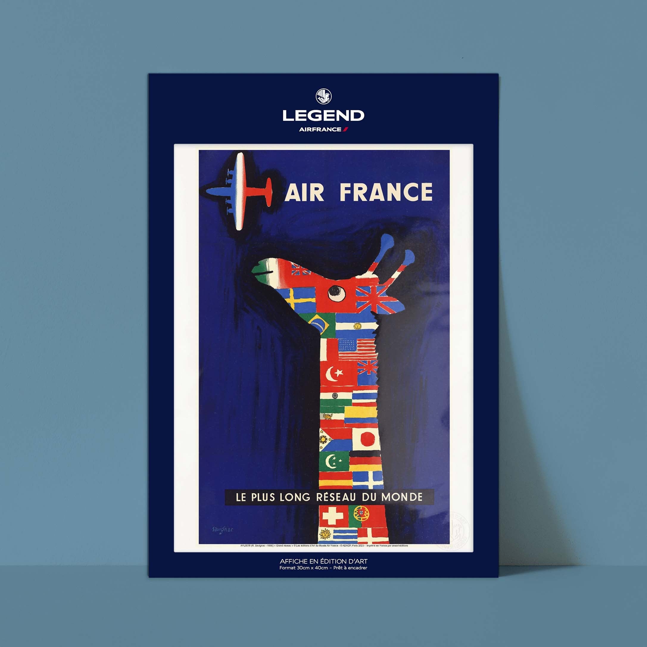 Affiche Air France - France, girafe et drapeaux