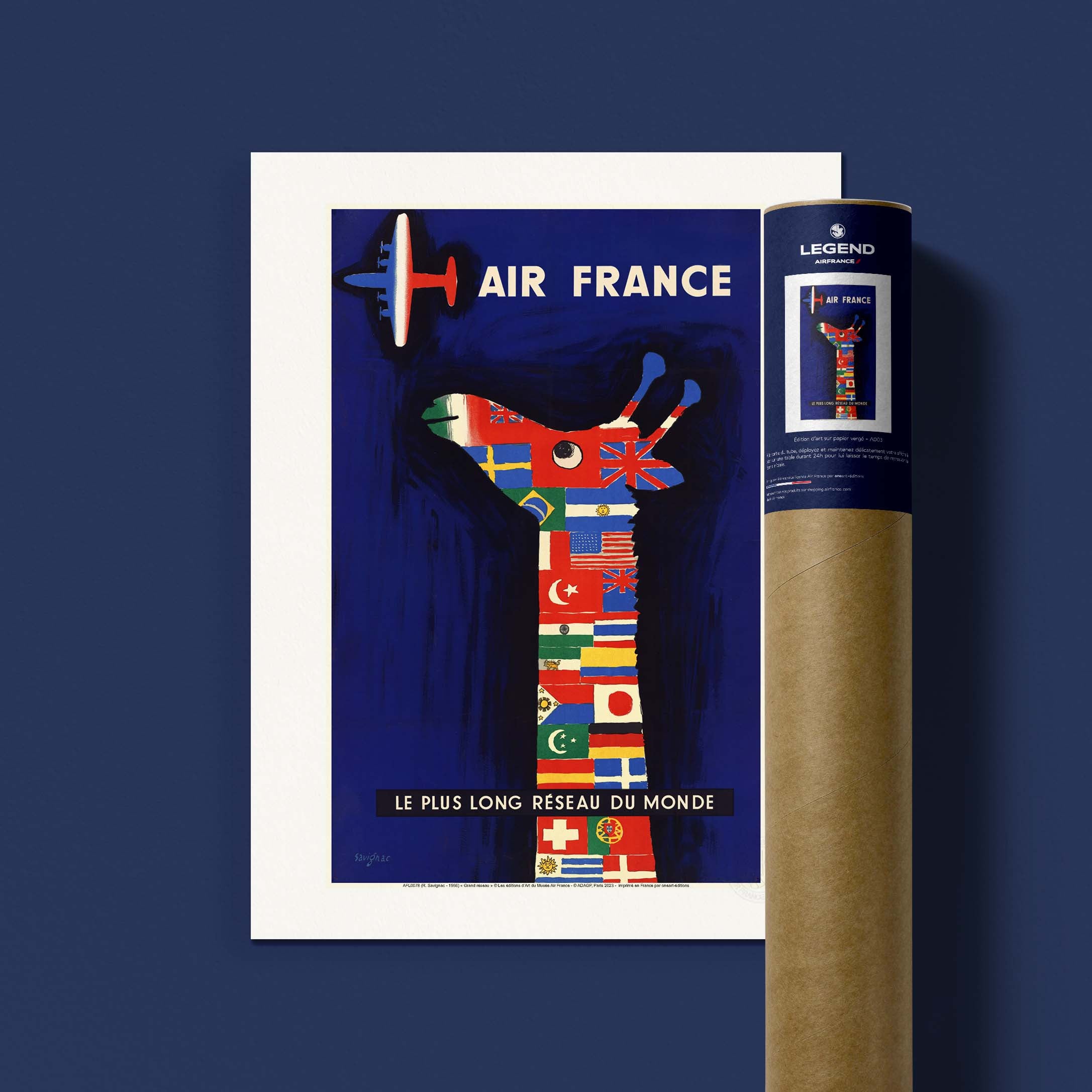 Affiche Air France - France, girafe et drapeaux