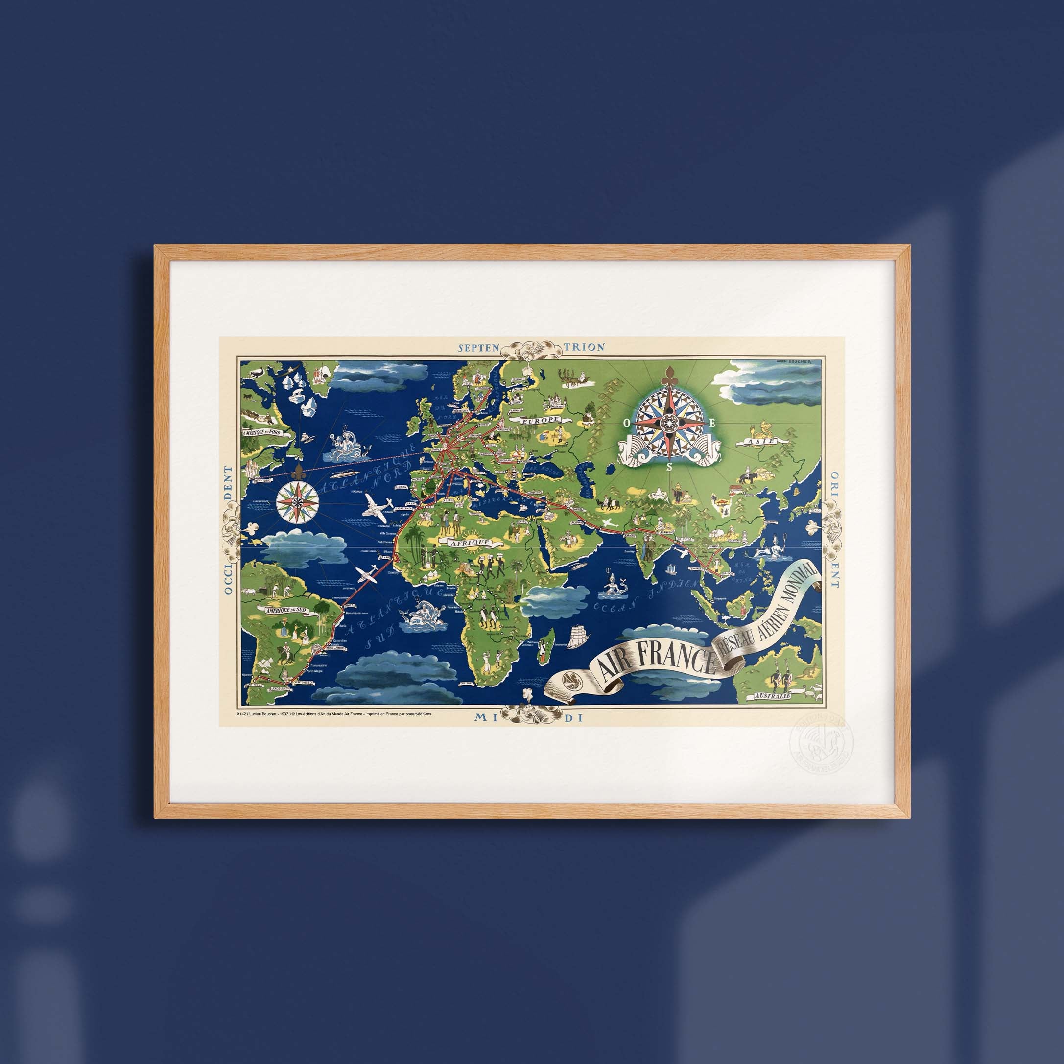 Poster Air France - Mappa del mondo blu/verde
