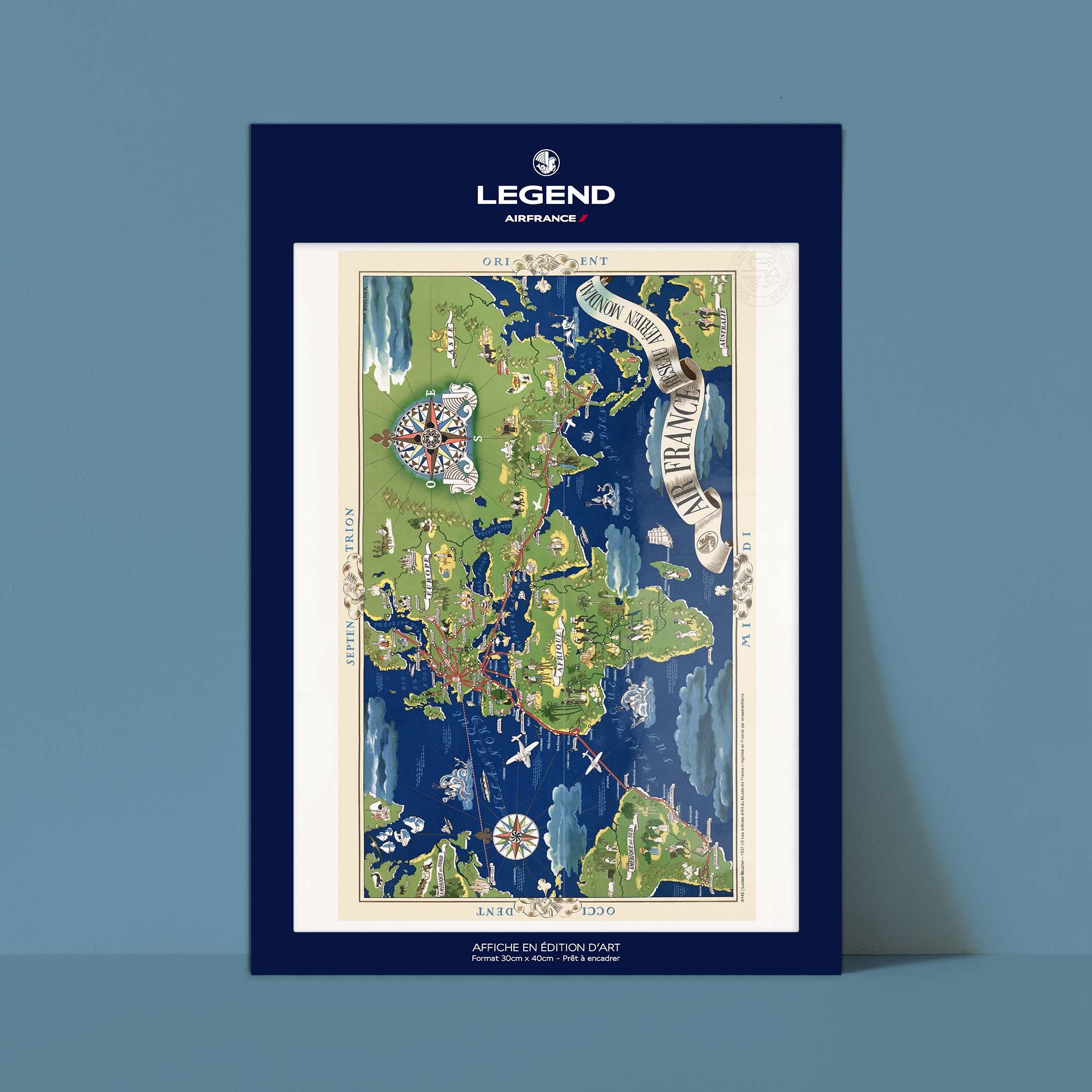Poster Air France - Mappa del mondo blu/verde