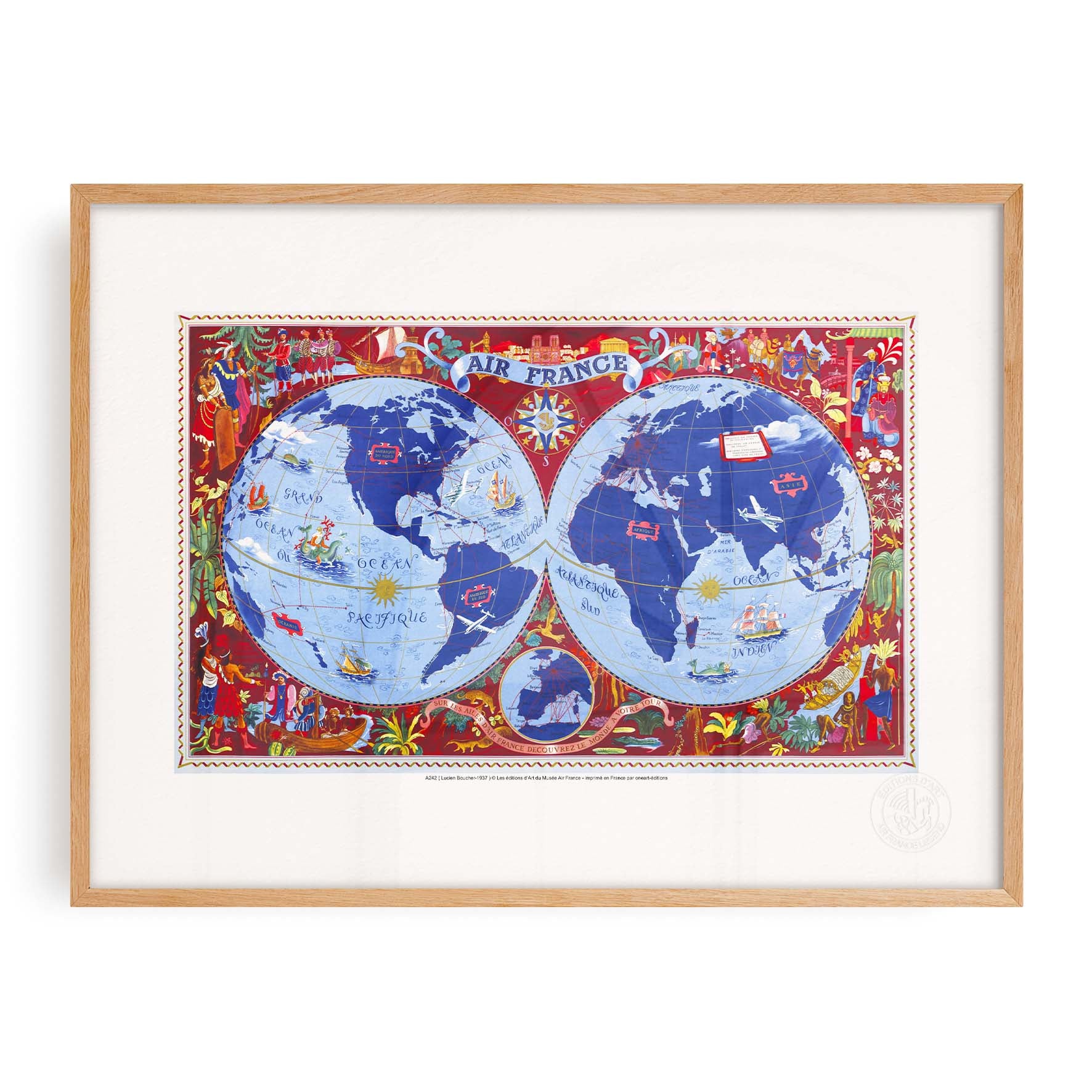 Poster Air France - Mappa del mondo: Sulle ali di Air France
