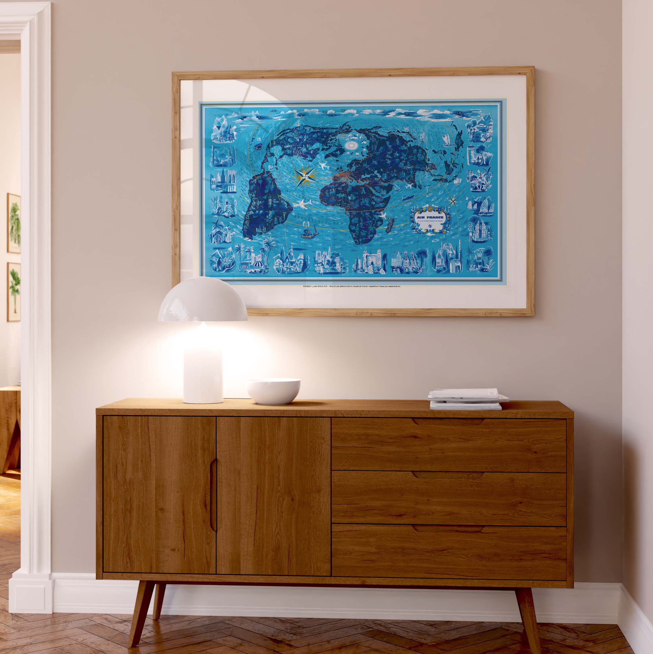 Poster Air France - Mappa del mondo, i paesaggi del mondo (blu)