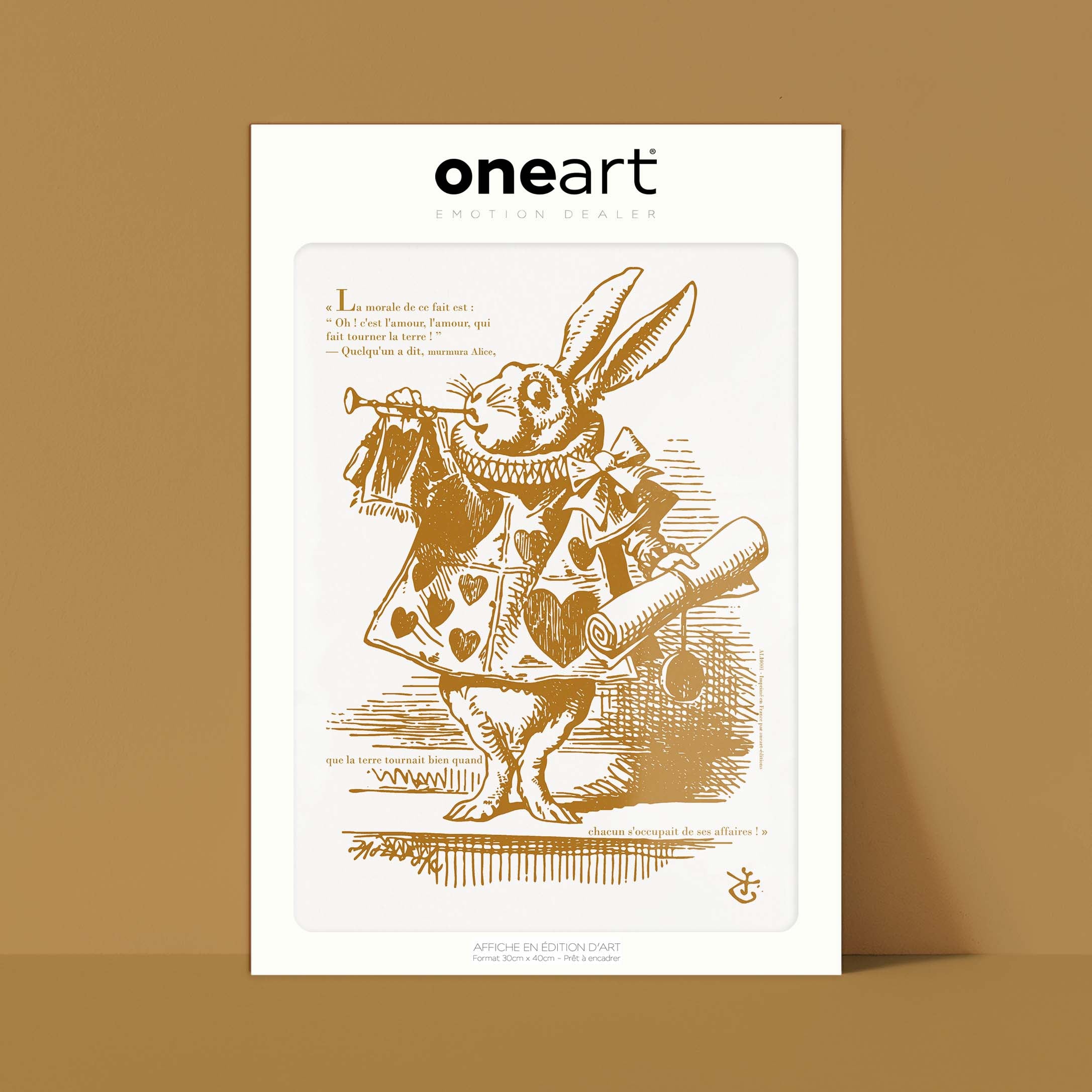 Affiche Alice - Il coniglio bianco, vestito da messaggero, soffia in una tromba.