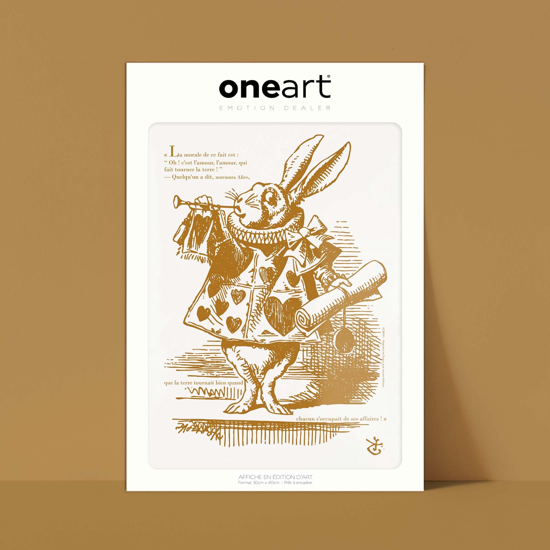 Affiche "Les Imparfaits" Alice - Le lapin blanc, habillé en hérault, souffle dans une trompette