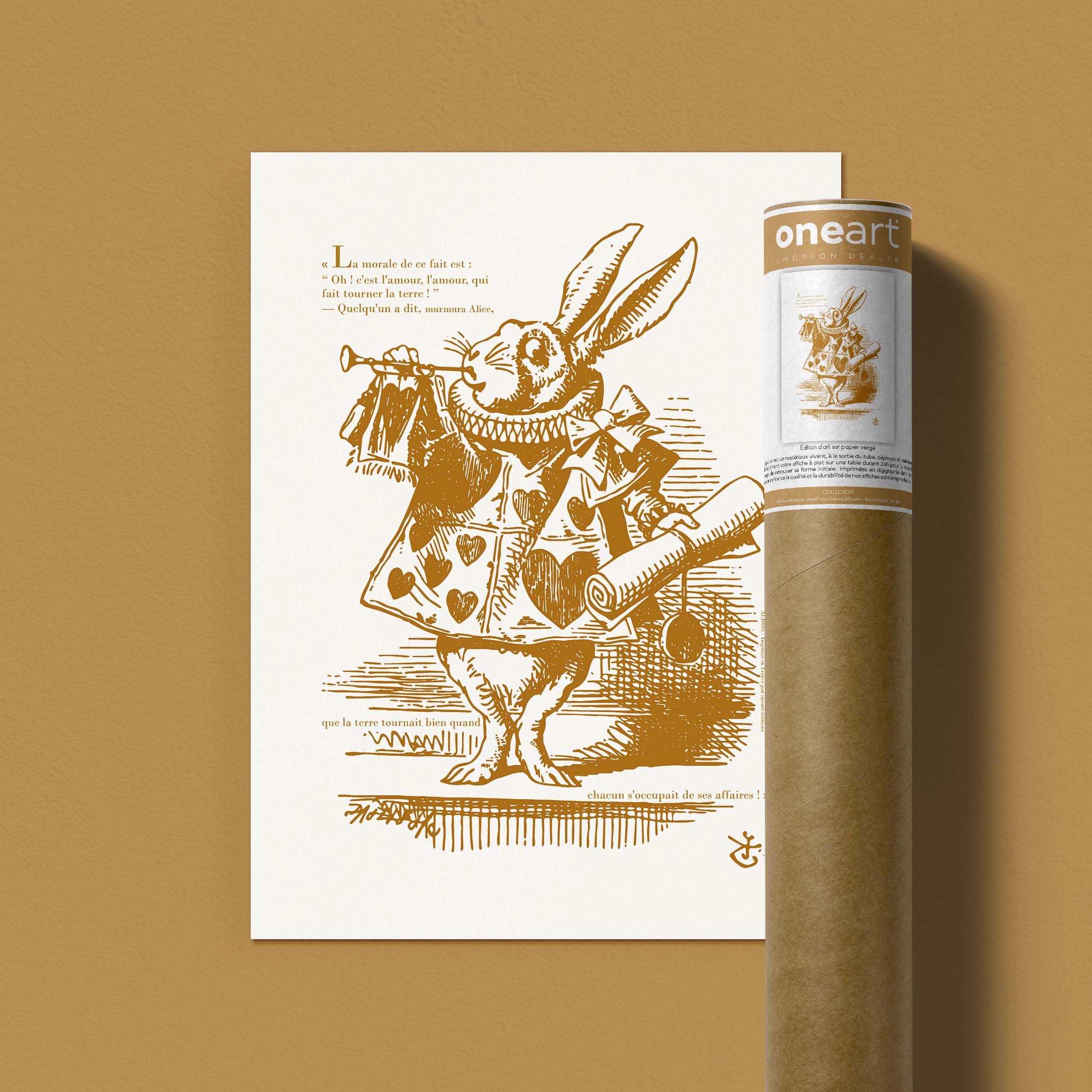 Affiche Alice - Il coniglio bianco, vestito da messaggero, soffia in una tromba.
