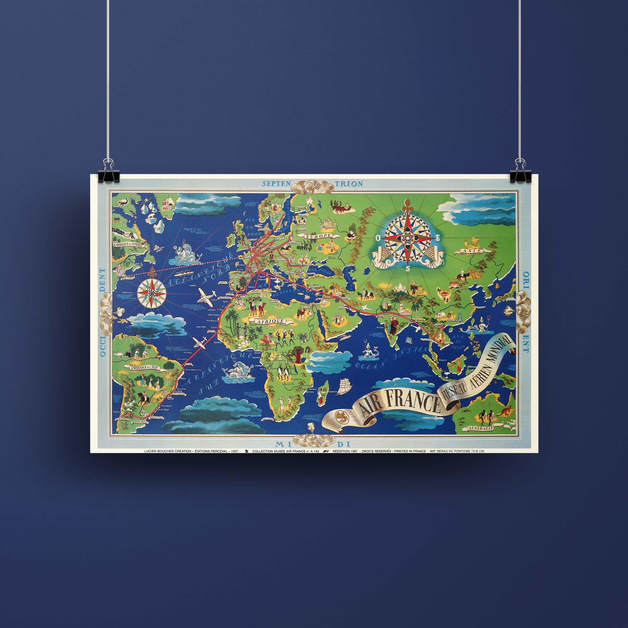 Affiche d'agence Air France - Planisphère - Septentrion-oneart.fr