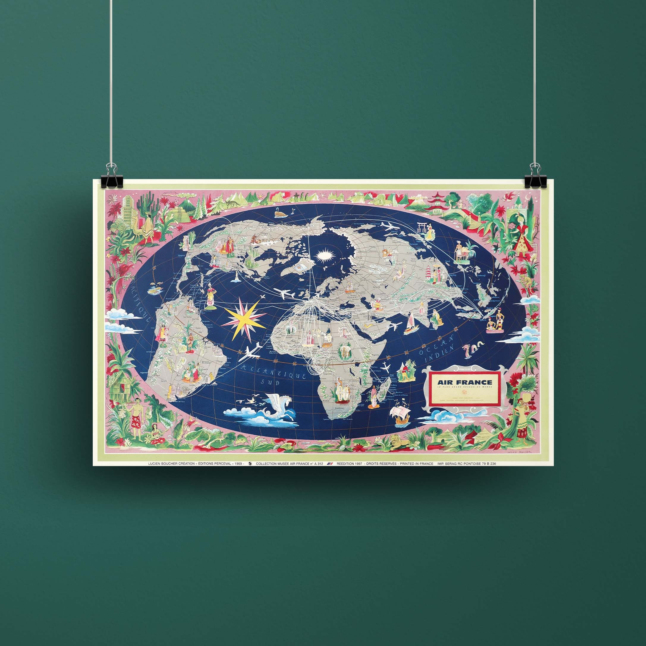 Affiche d'agence Air France - Planisphère - Lignes long courrier-oneart.fr