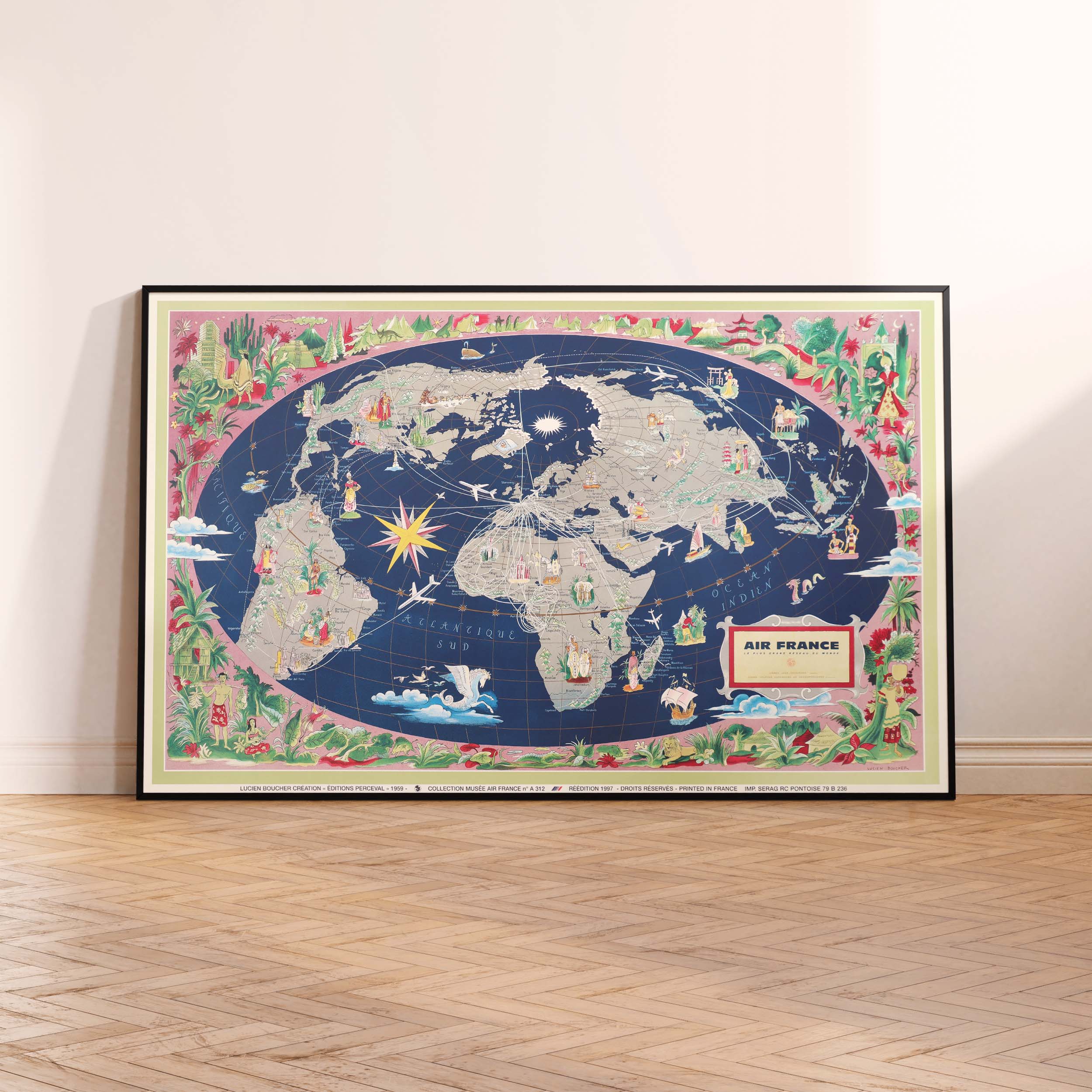 Affiche d'agence Air France - Planisphère - Lignes long courrier-oneart.fr