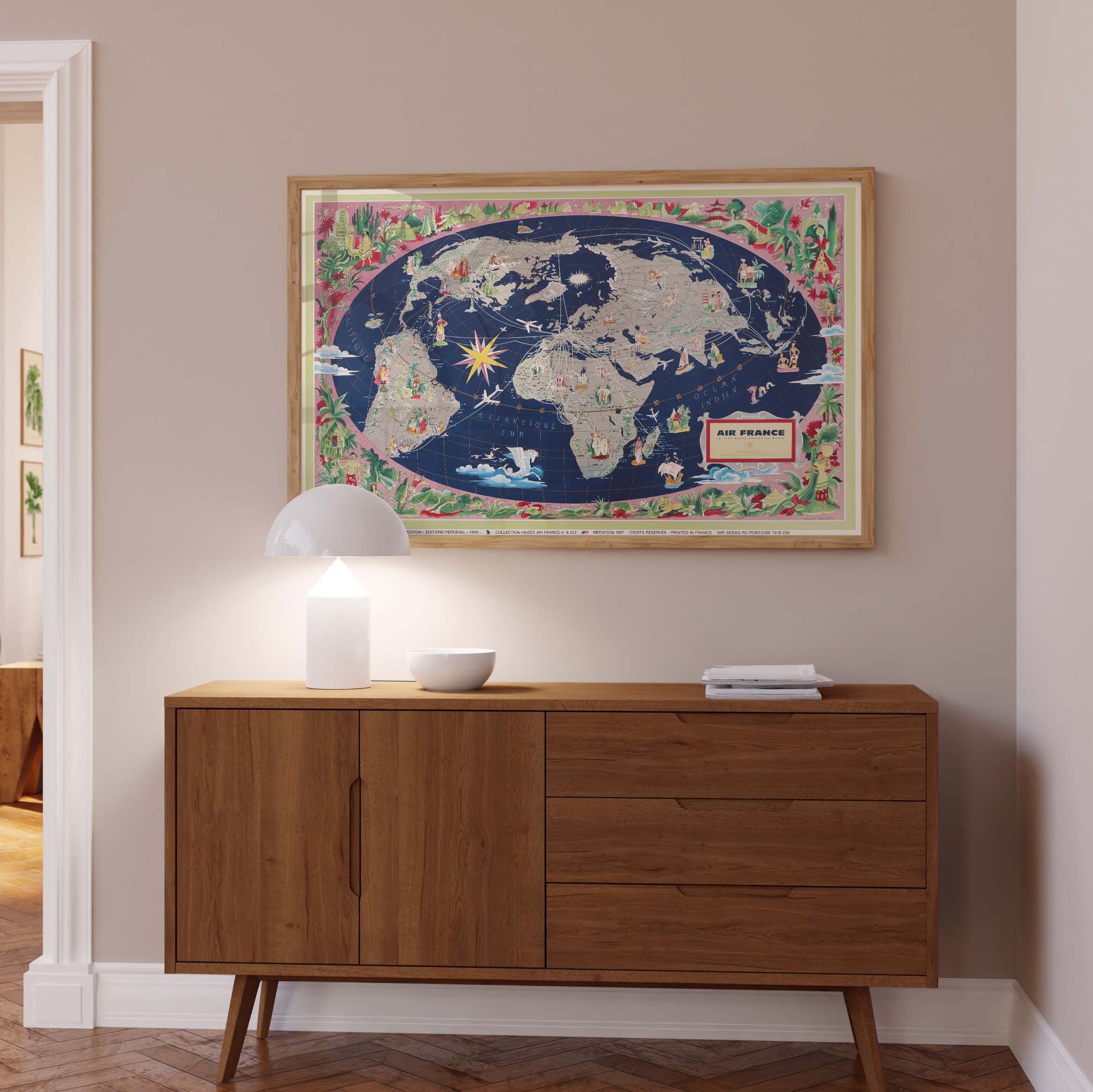 Affiche d'agence Air France - Planisphère - Lignes long courrier-oneart.fr