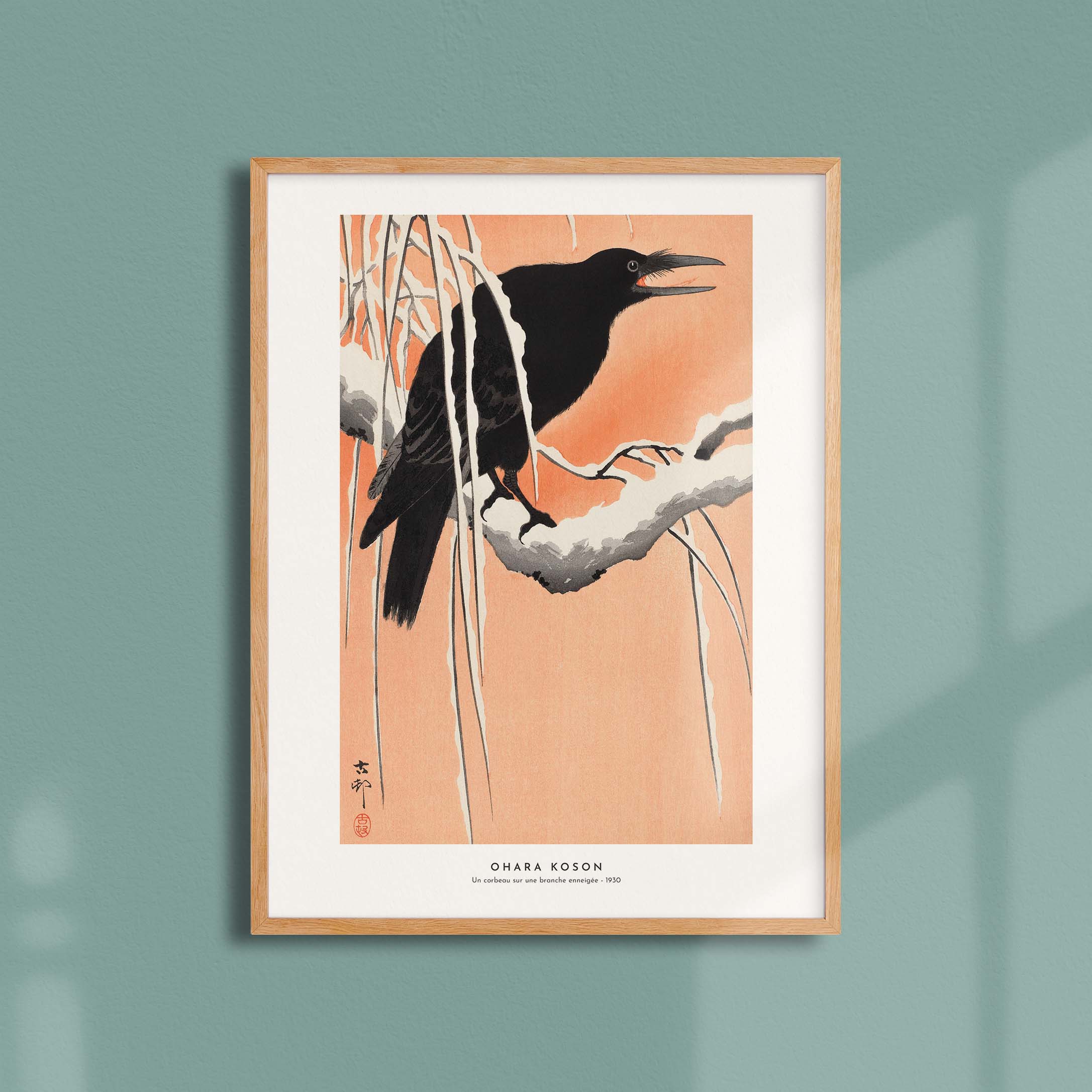 Estampe japonaise - Un corbeau sur une branche enneigée-oneart.fr
