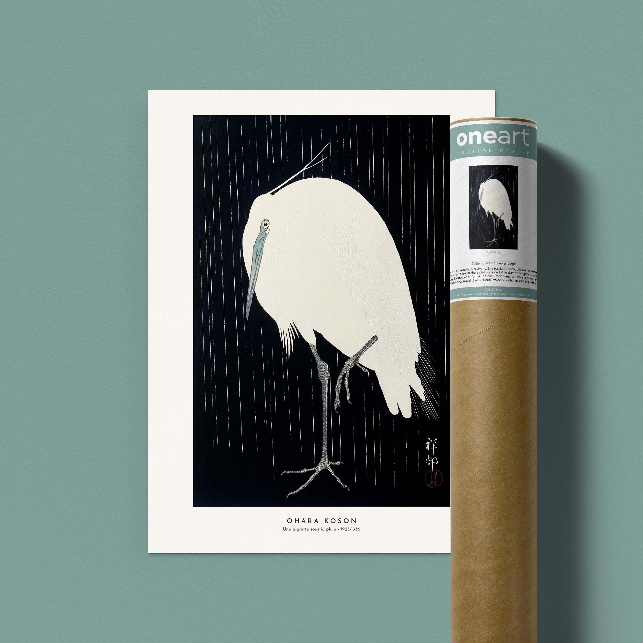 Estampe japonaise - Une aigrette sous la pluie-oneart.fr