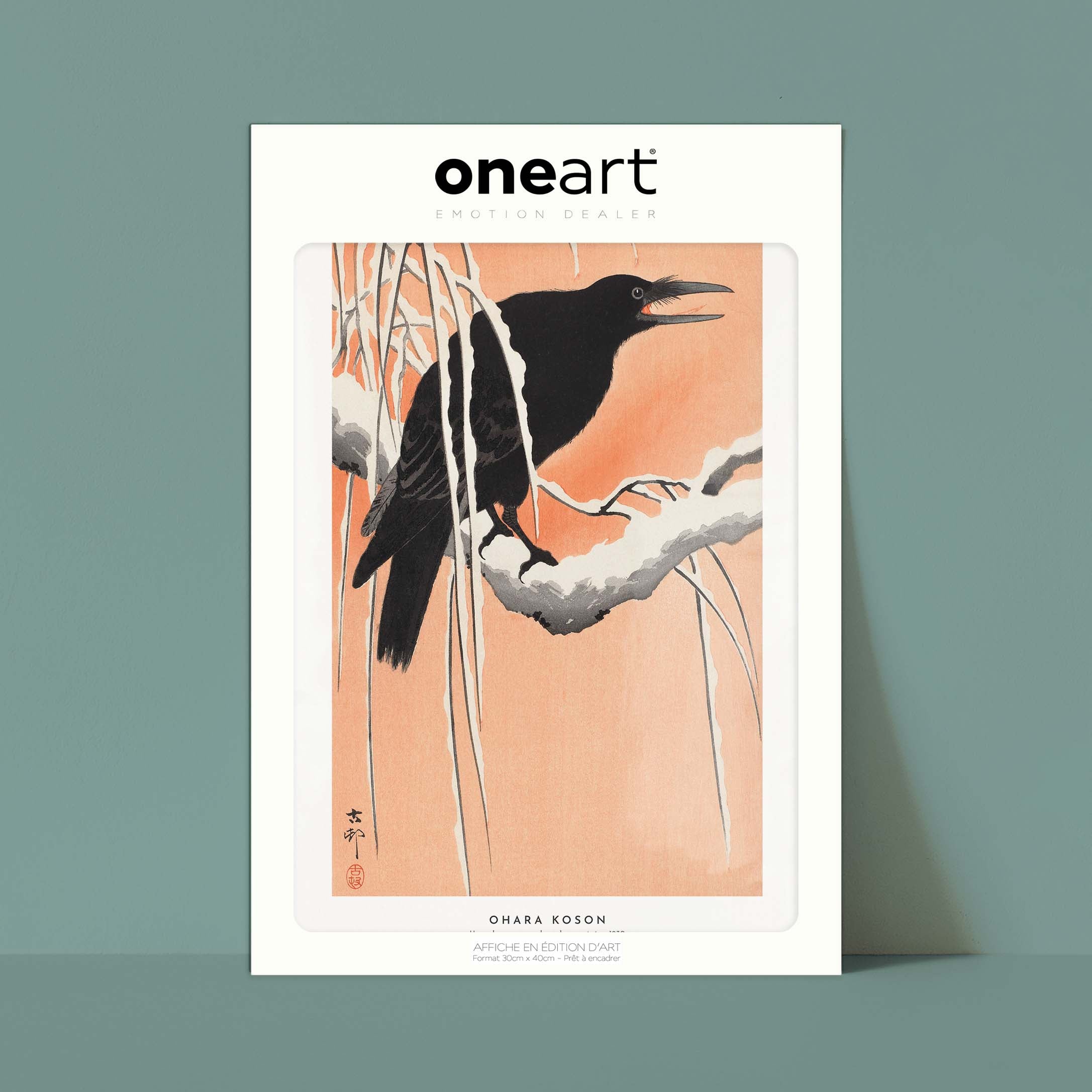 Estampe japonaise - Un corbeau sur une branche enneigée-oneart.fr