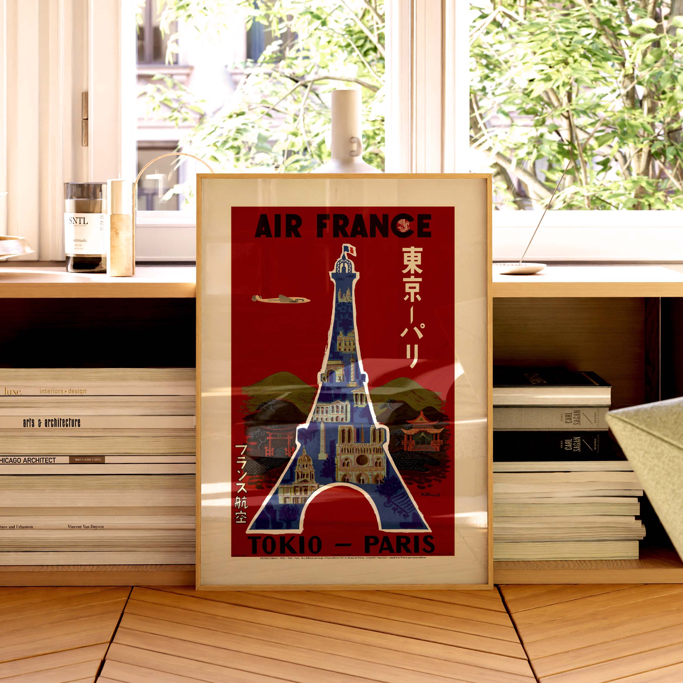 Affiche Air France - Tokio - Paris, Tour Eiffel et ciel rouge