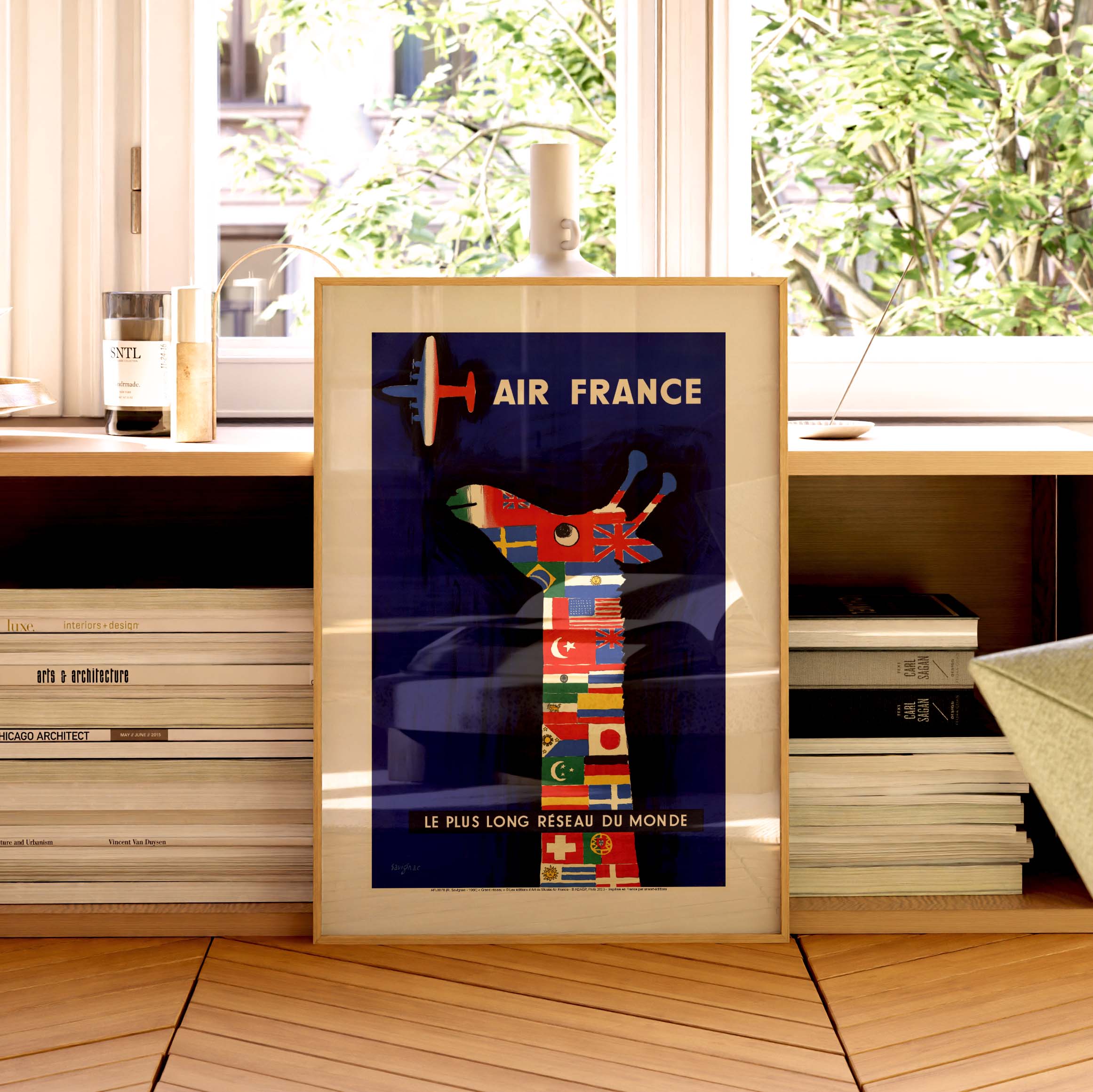 Affiche Air France - France, girafe et drapeaux