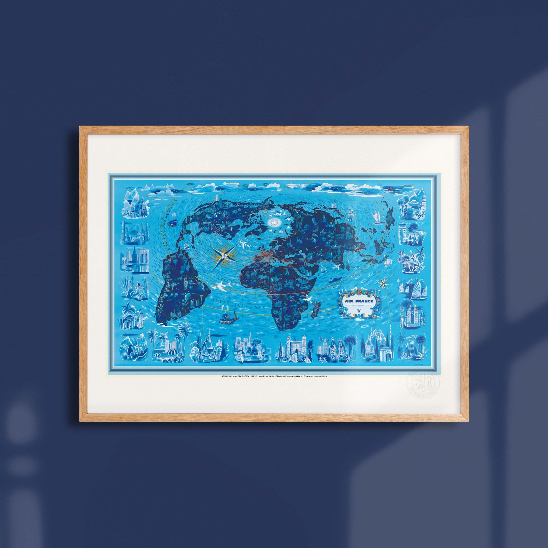 Affiche Air France - Planisphère, les paysages du monde (bleu)
