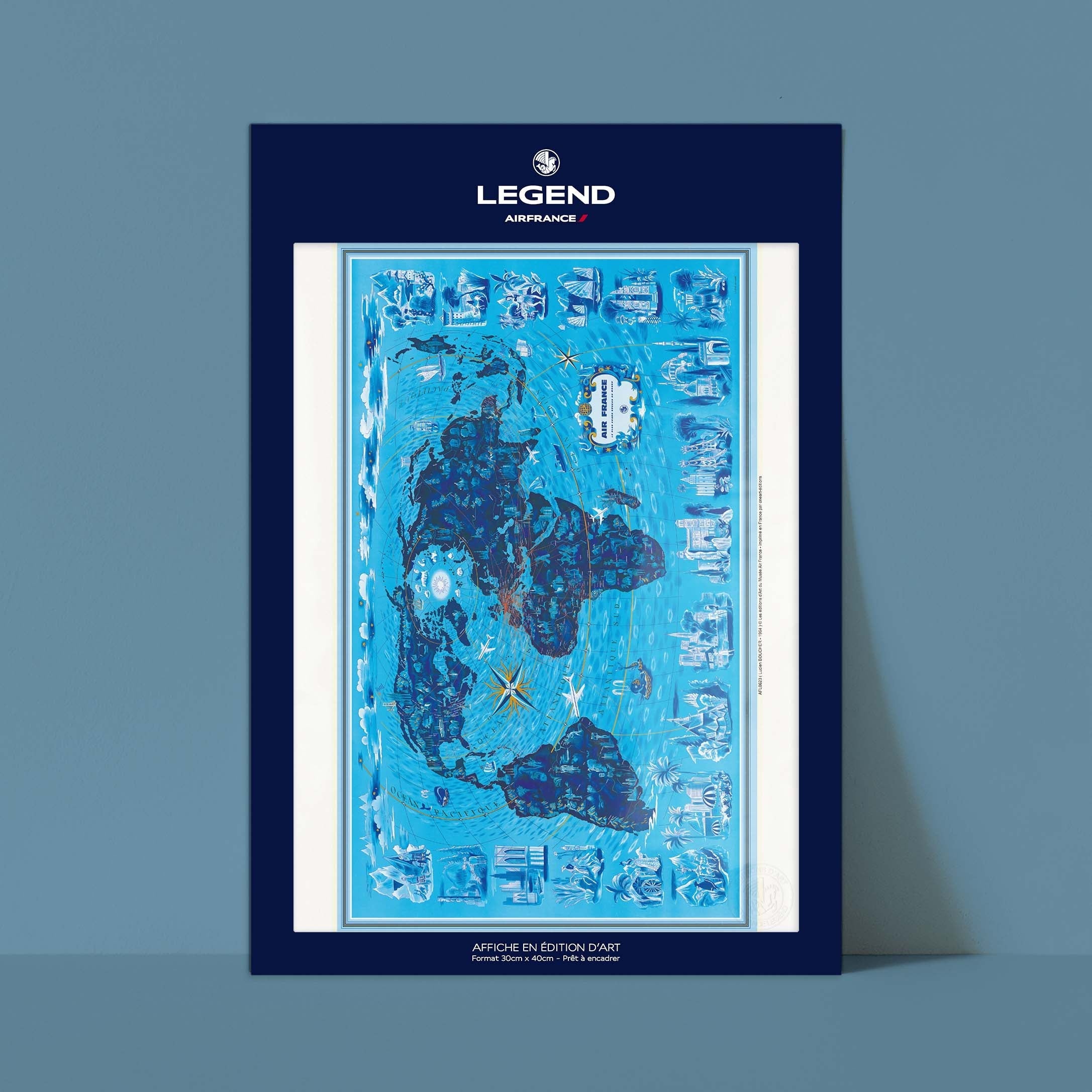 Affiche "Les Imparfaits" Air France - Planisphère, les paysages du monde (bleu)
