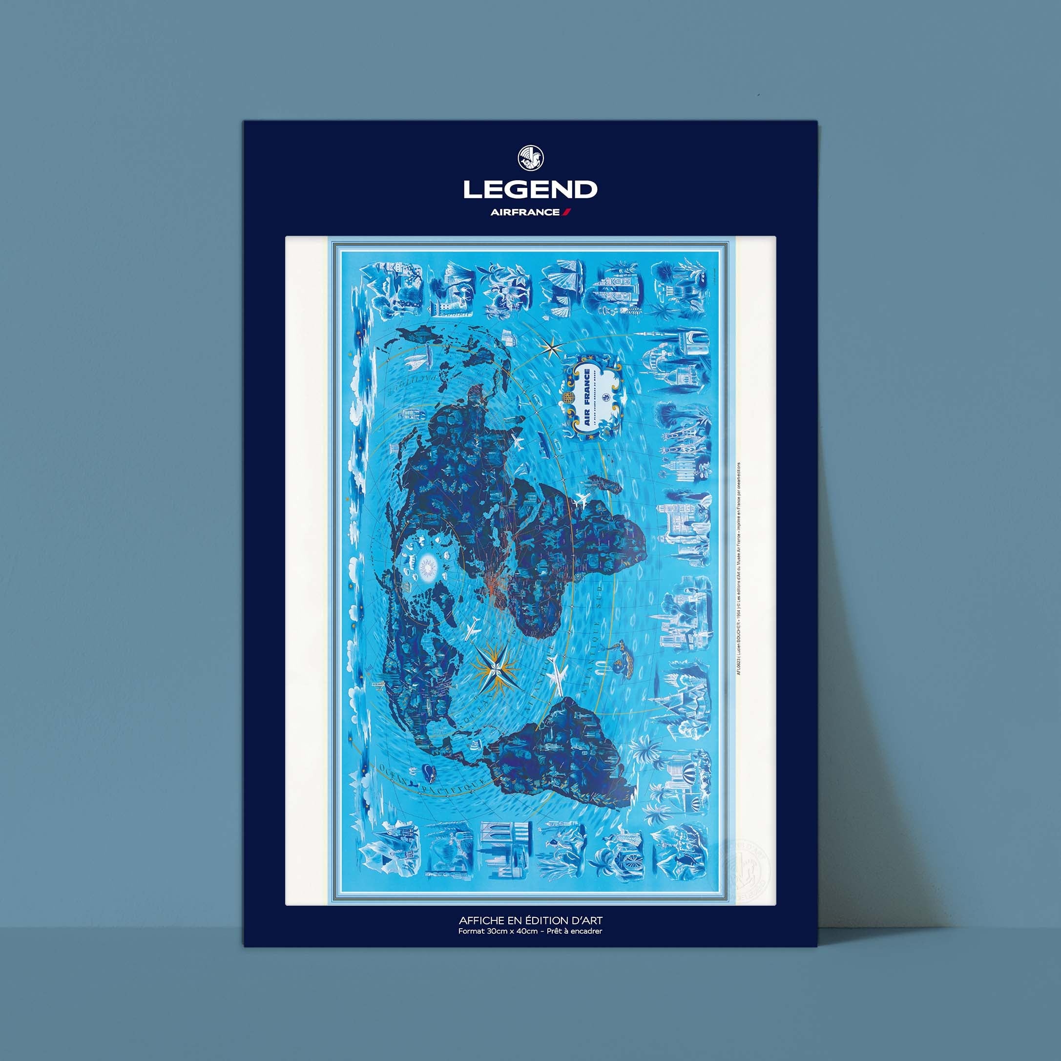 Affiche Air France - Planisphère, les paysages du monde (bleu)