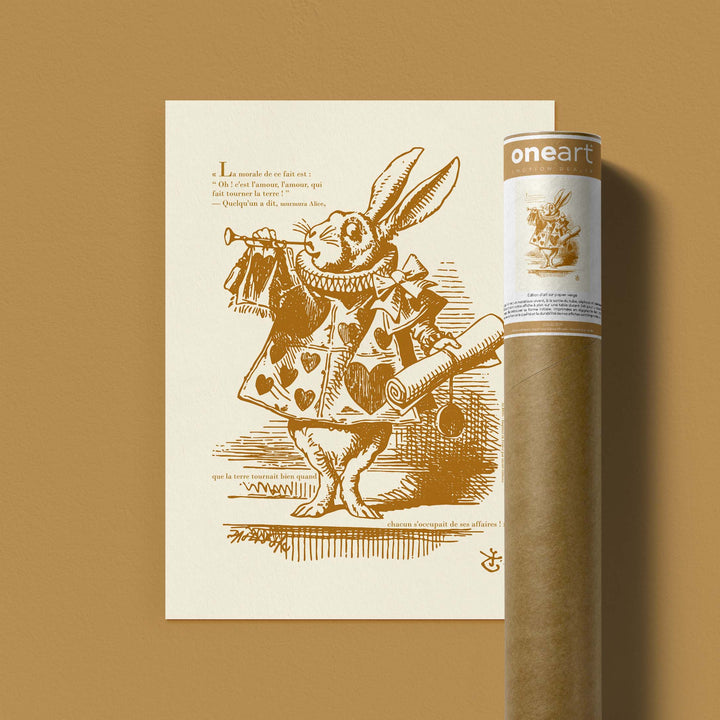 Affiche Alice - Le lapin blanc, habillé en hérault, souffle dans une trompette