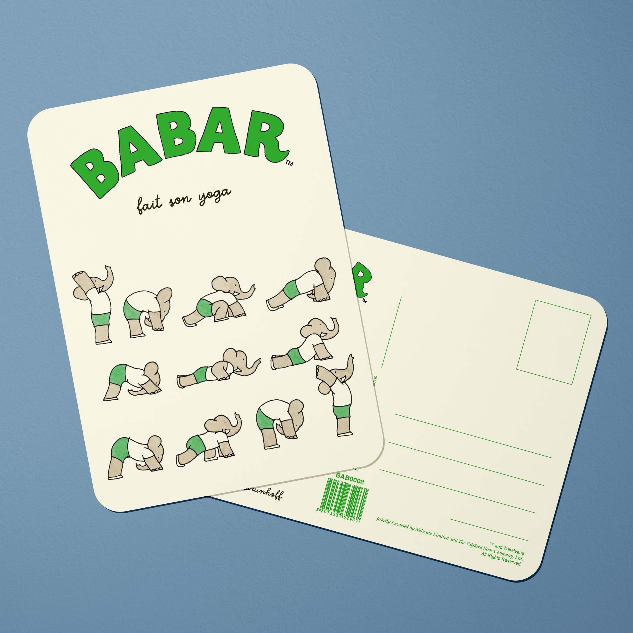 Carte postale Babar Babar fait son yoga - vert