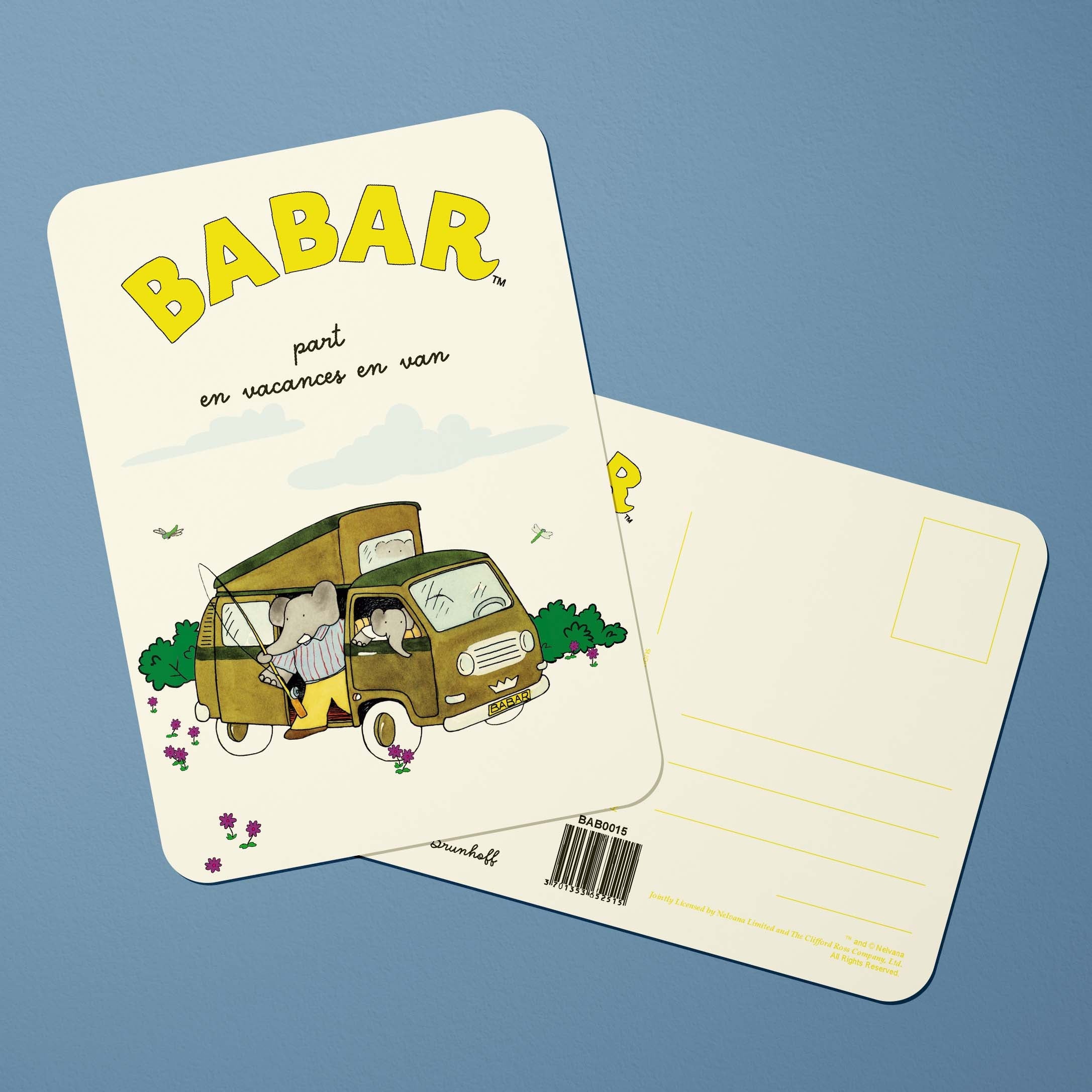 Carte postale Babar Babar part en vacances en van