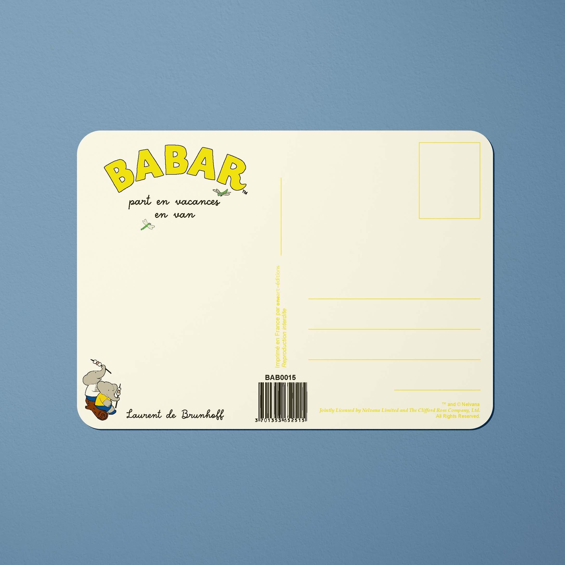 Carte postale Babar Babar part en vacances en van