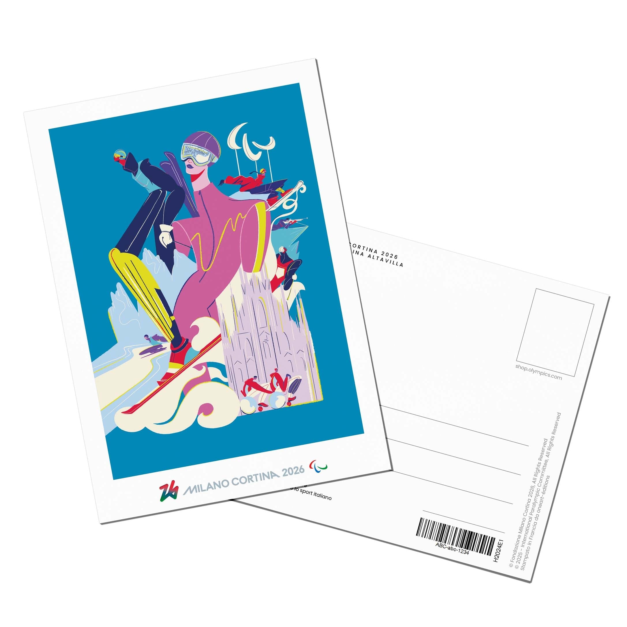 La cartolina dell'iconica locandina di Milano Cortina 2026 dei Giochi Paralimpici invernali, realizzata da Carolina Altavilla.