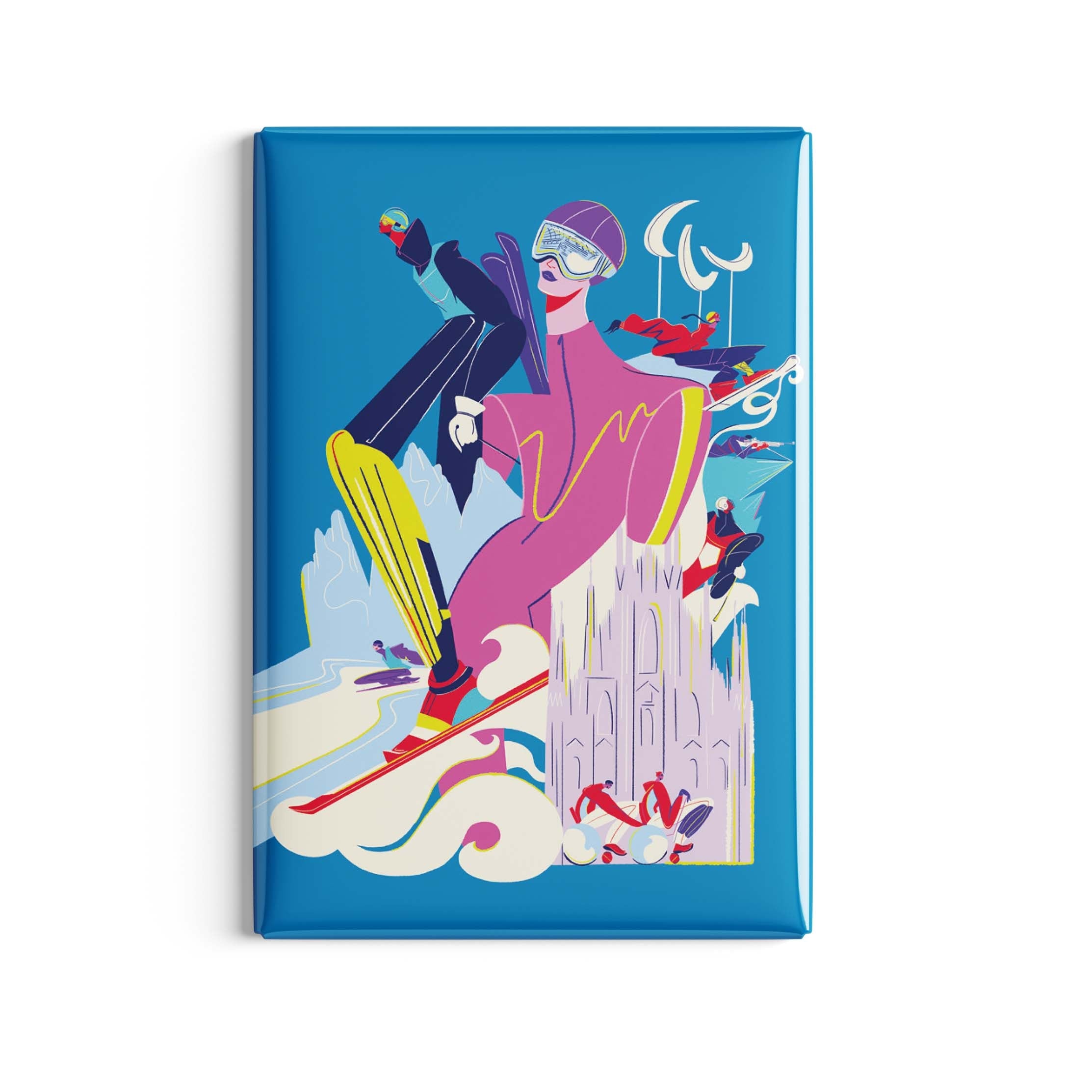 Il magnete del poster iconico di Milano Cortina 2026 dei Giochi Paralimpici invernali, disegnato da Carolina Altavilla.