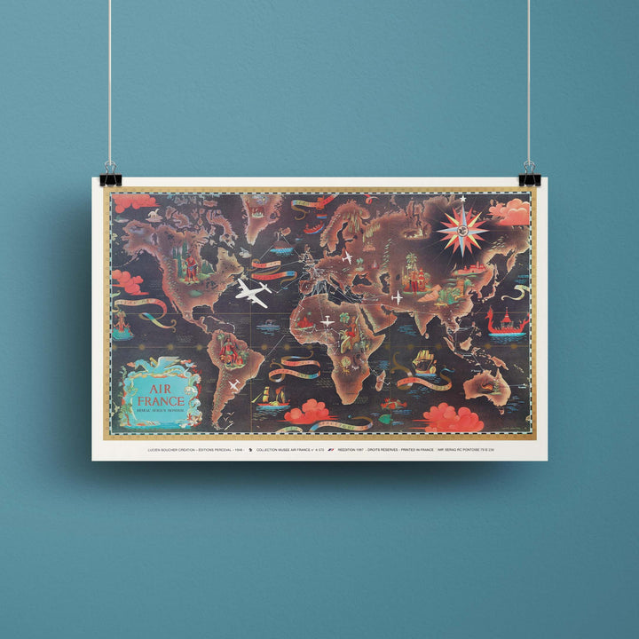 Affiche d'agence Air France - Planisphère - Réseau aérien mondial