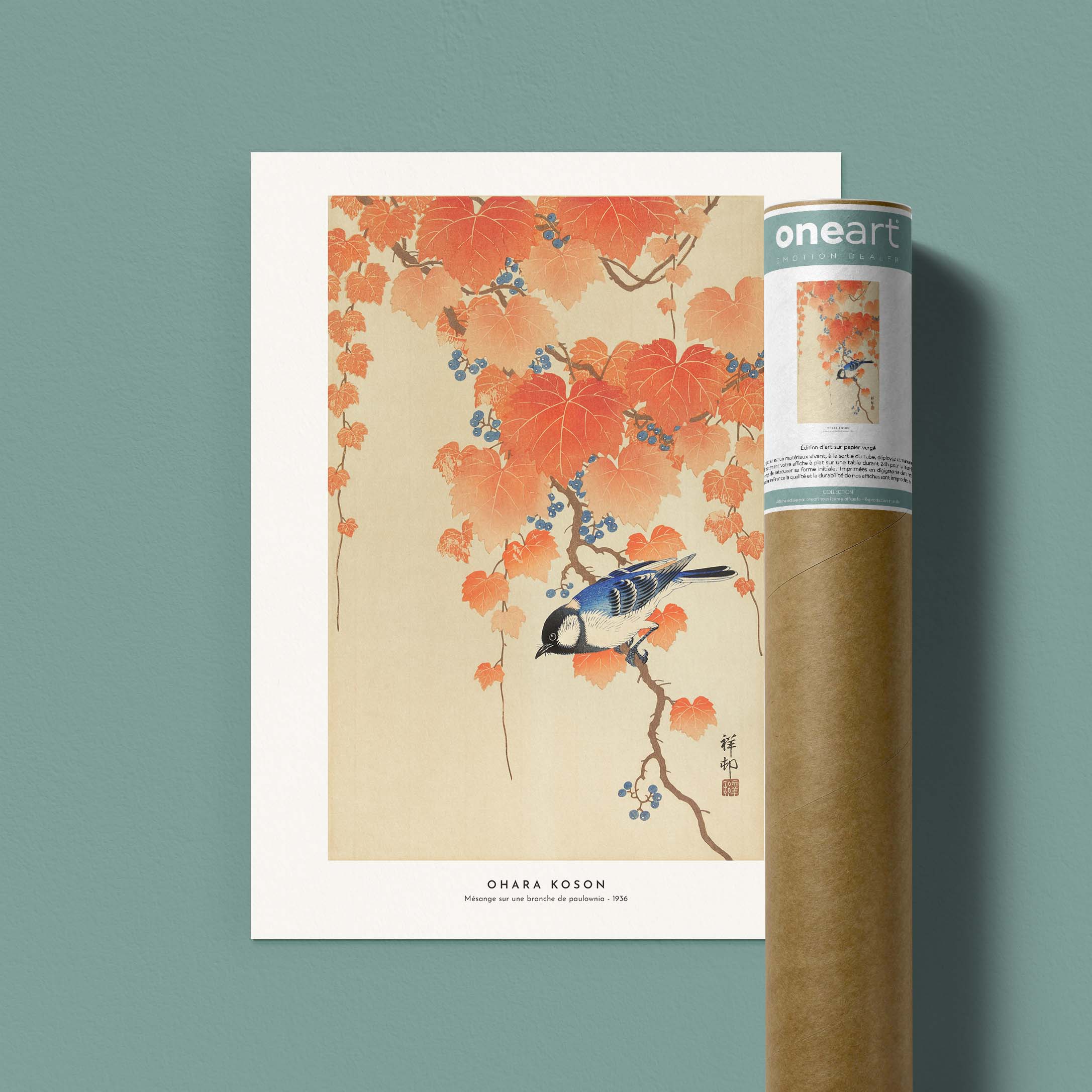 Estampe japonaise - Mésange sur une branche de paulownia-oneart.fr