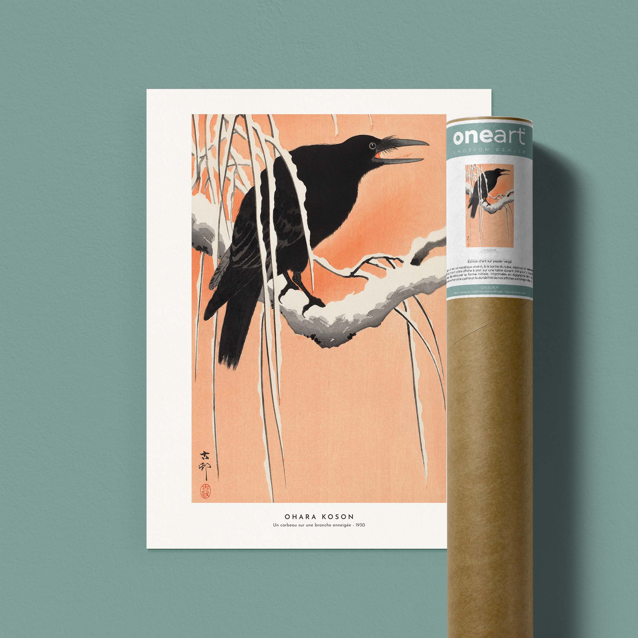 Estampe japonaise - Un corbeau sur une branche enneigée-oneart.fr