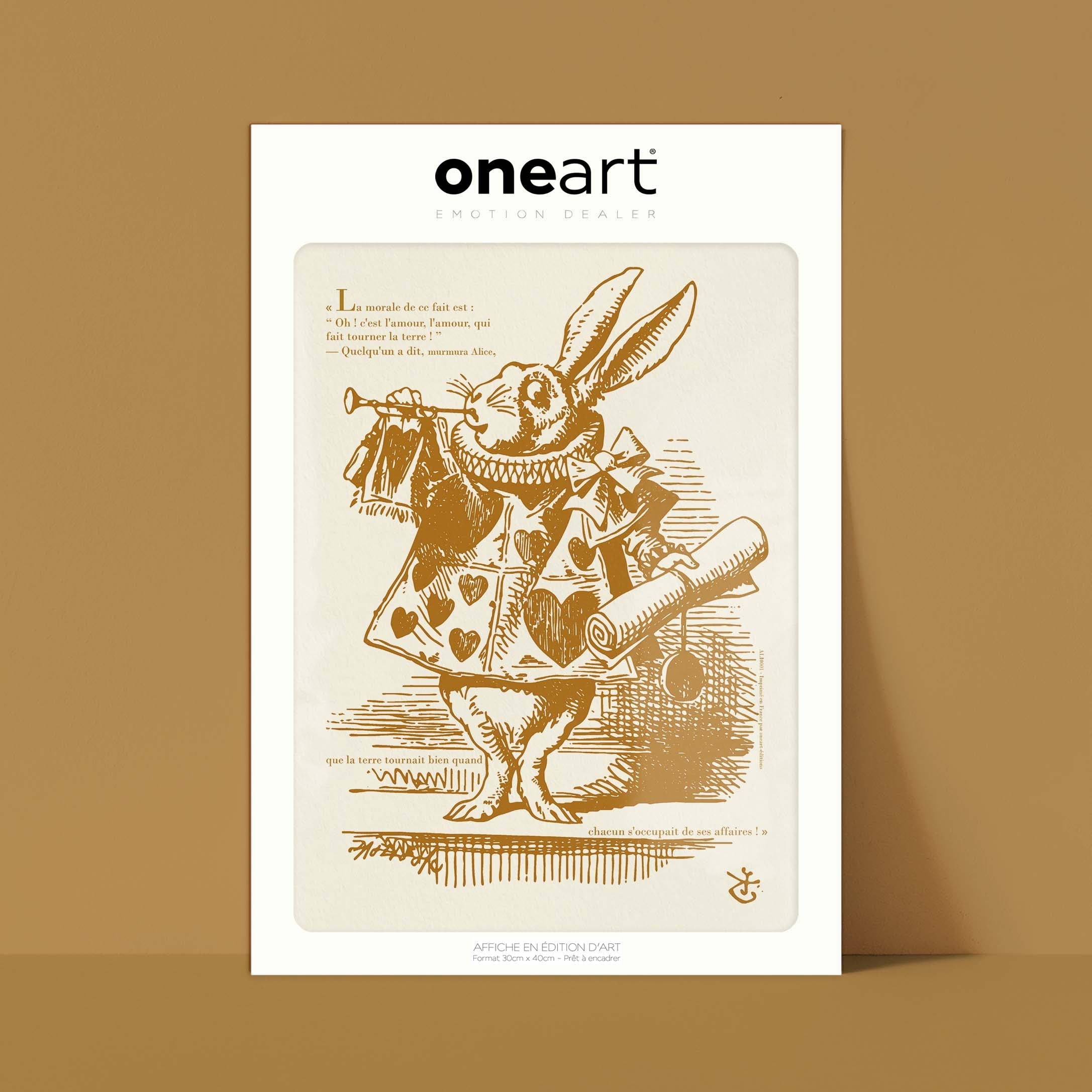 Affiche Alice - Le lapin blanc, habillé en hérault, souffle dans une trompette-oneart.fr