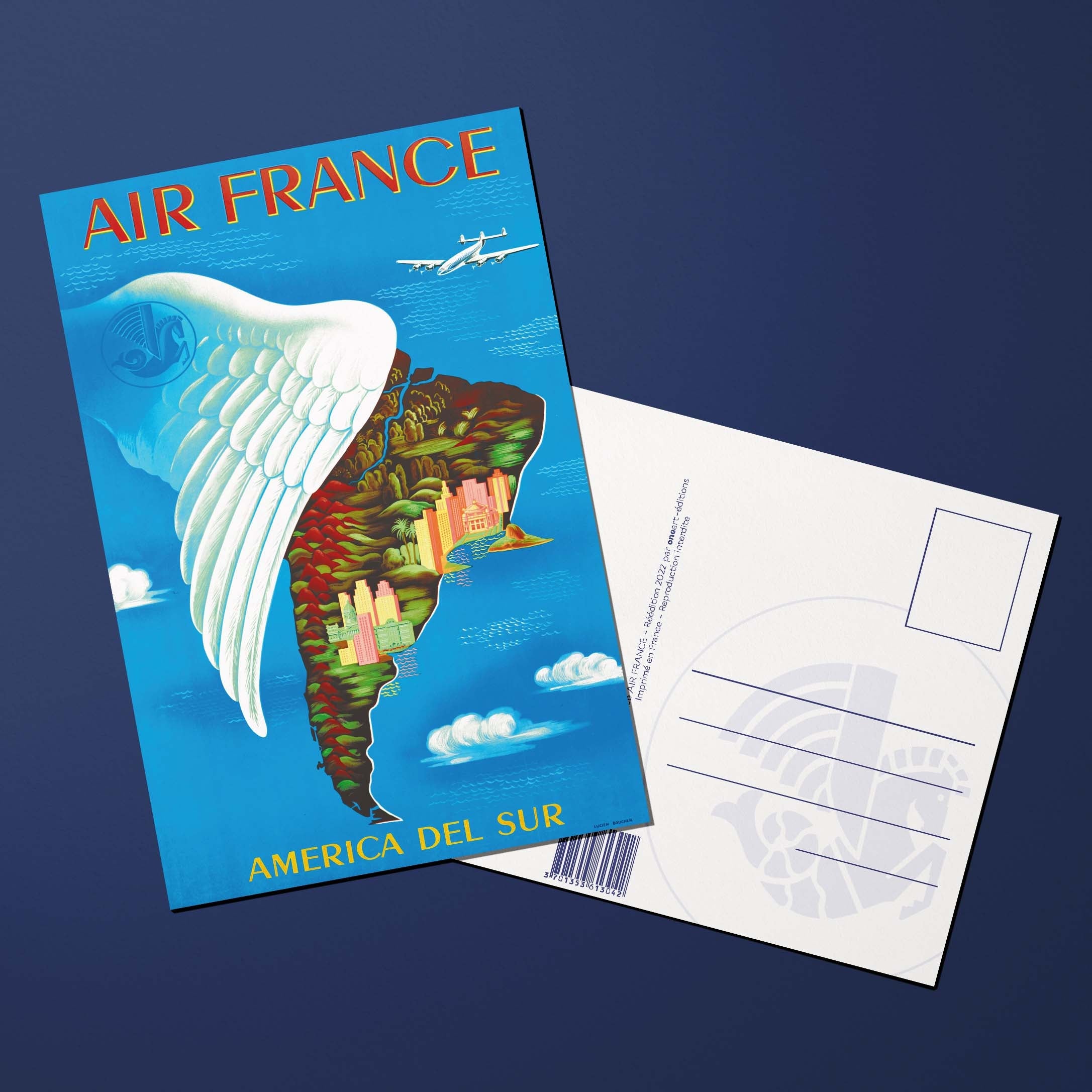 Air France Legend America del Sur postcard, mountain range and wing