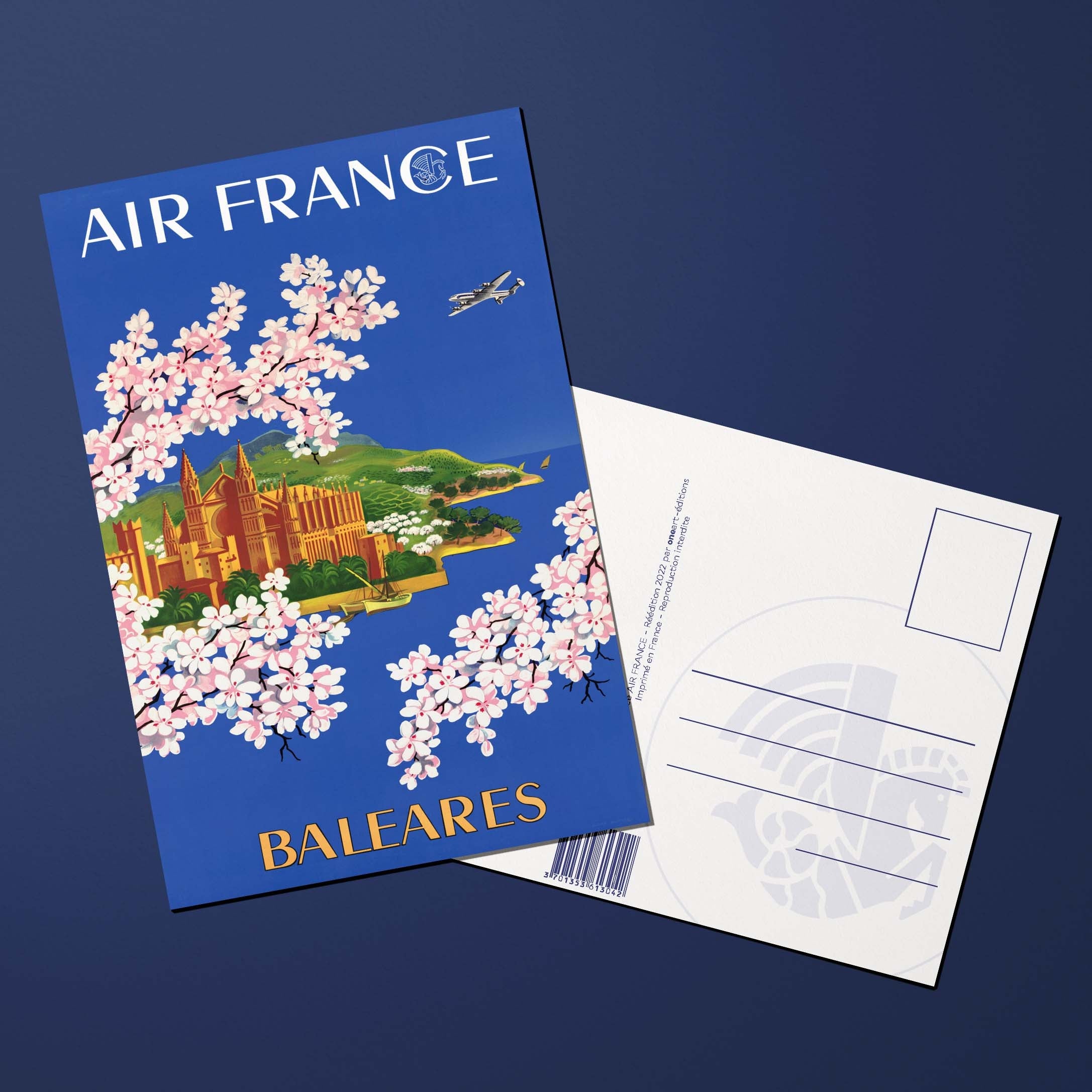 Air France Legend Balearic postcard, temple and hibiscus